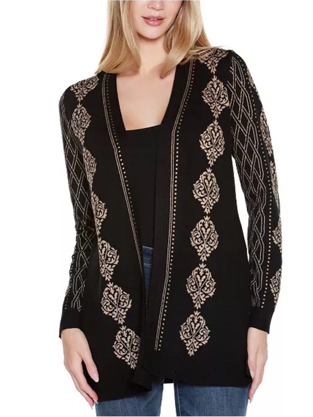 Belldini Black Open-Front Cardigan with Cream Damask Embroidery